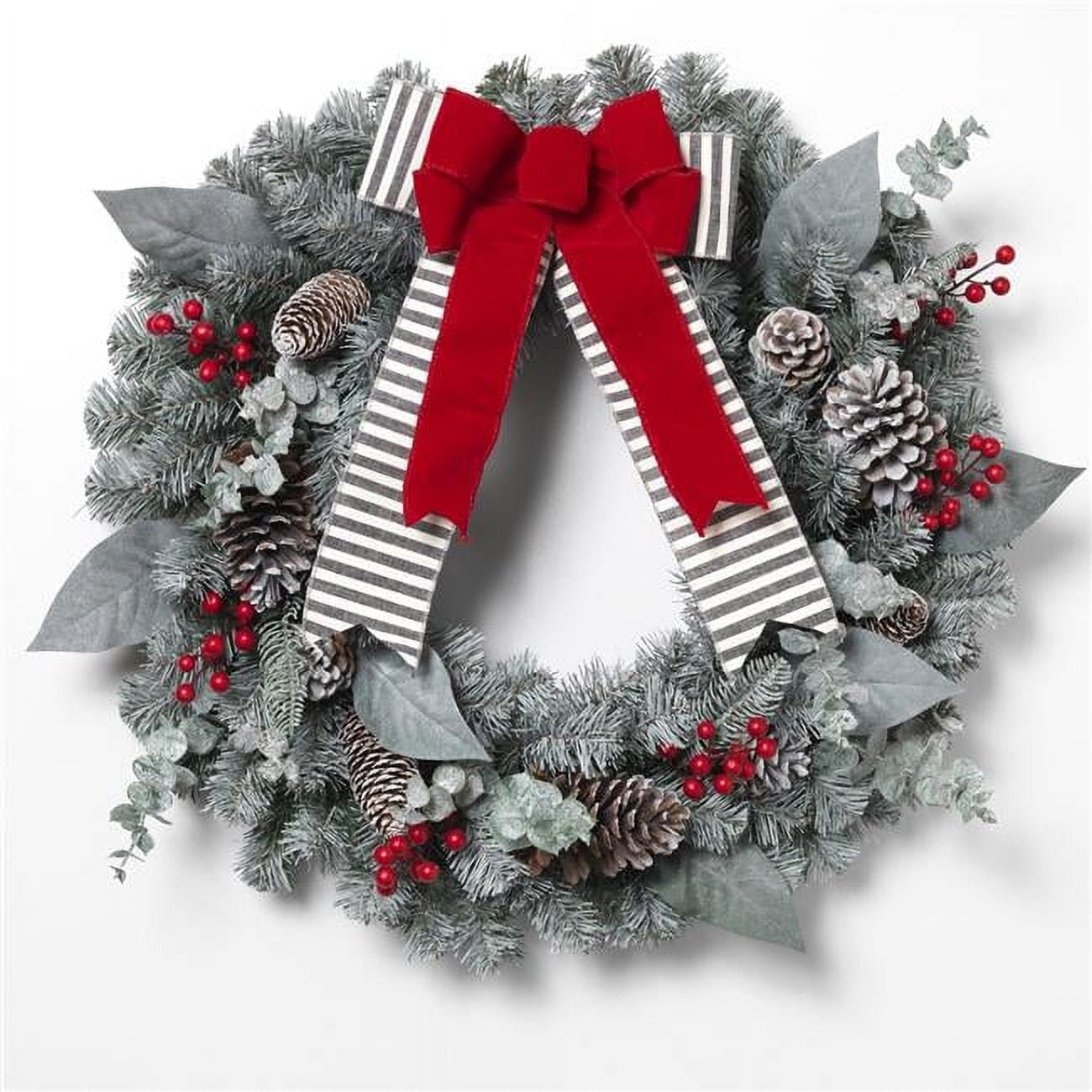 GIL  Snowy Pine Christmas Wreath with Red Berries, Pinecones & Bow
