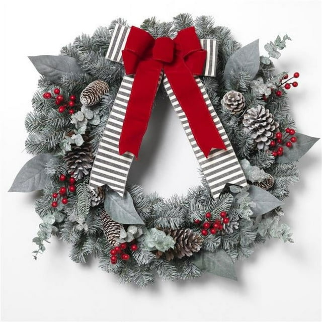 GIL  Snowy Pine Christmas Wreath with Red Berries, Pinecones & Bow