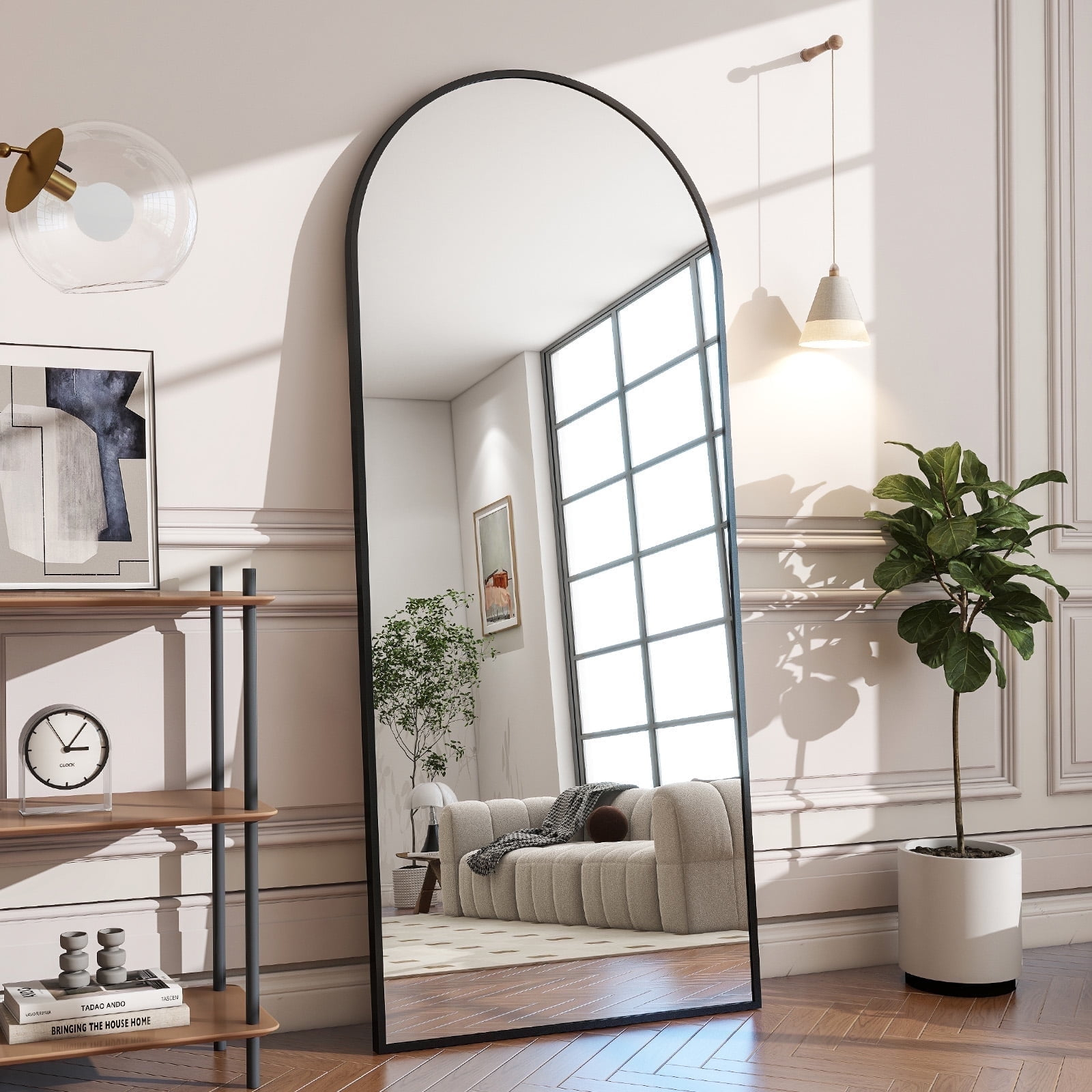 Blorly 21" x 64" Black Modern Arched Full Length Wall Mirror,Body Floor Mirror with Stand