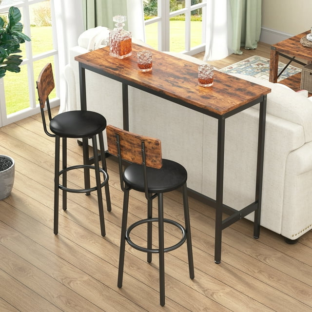 PAPROOS Bar Table Set for 2, 3 Pcs Pub Bistro Table and PU Upholstered Stools with Backrest, Industrial Counter Height Dining Table and Chairs for Kitchen Breakfast Nook Balcony, Rustic Brown