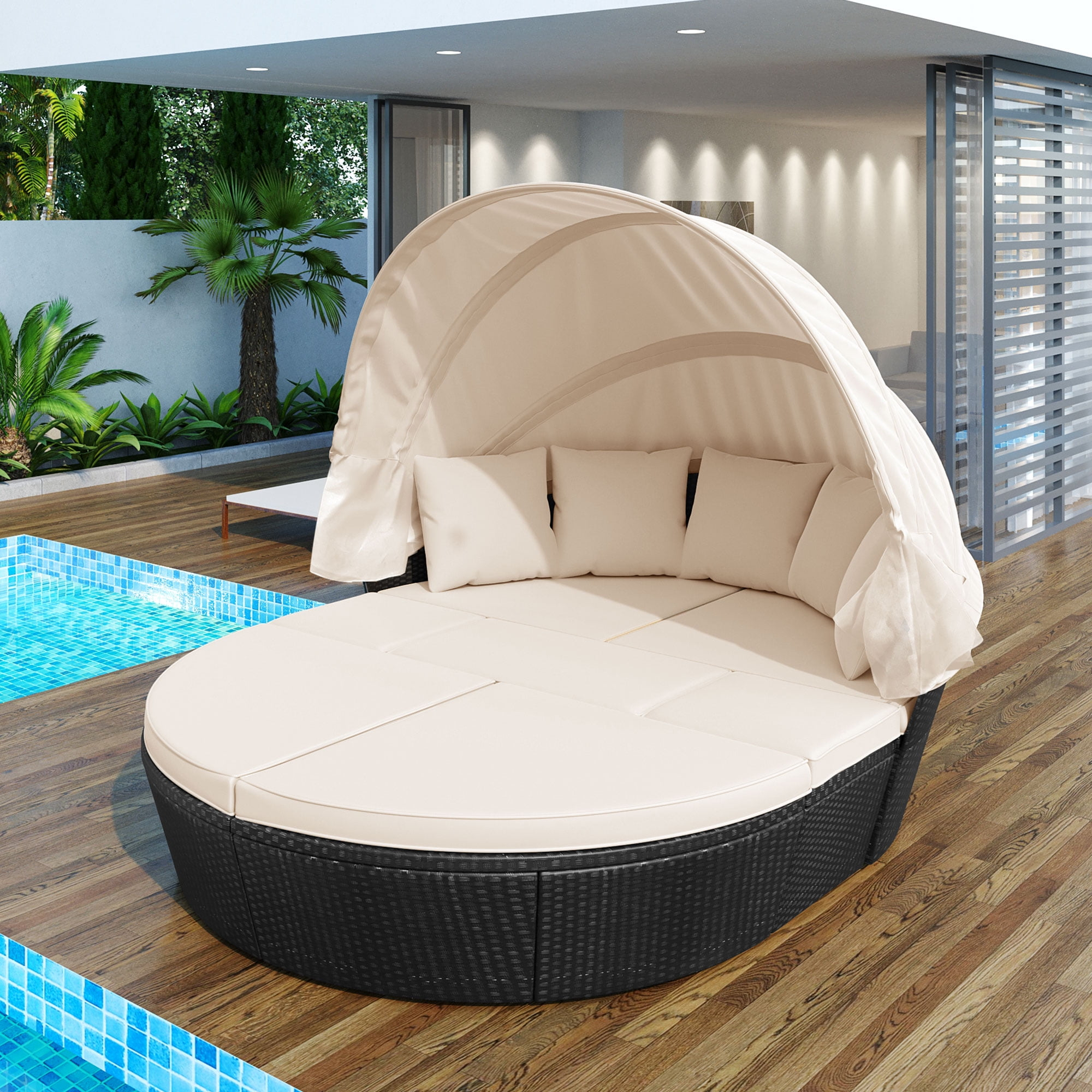 GO Outdoor Rattan Daybed Sunbed with Retractable Canopy, Round Black Wicker Sectional Sofa Set - Clamshell Seating, Washable Cushions & Pillows, Easy 1-Hour Assembly for Backyard & Porch