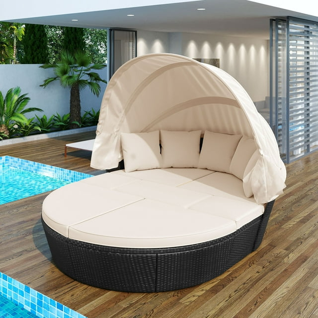 GO Outdoor Rattan Daybed Sunbed with Retractable Canopy, Round Black Wicker Sectional Sofa Set - Clamshell Seating, Washable Cushions & Pillows, Easy 1-Hour Assembly for Backyard & Porch