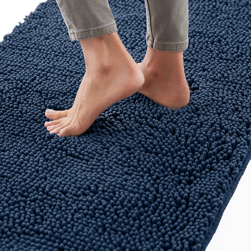 GORILLA GRIP Chenille Bath Rug 24x17, Rubber Backing Quick Dry Washable Microfiber Mats, Navy
