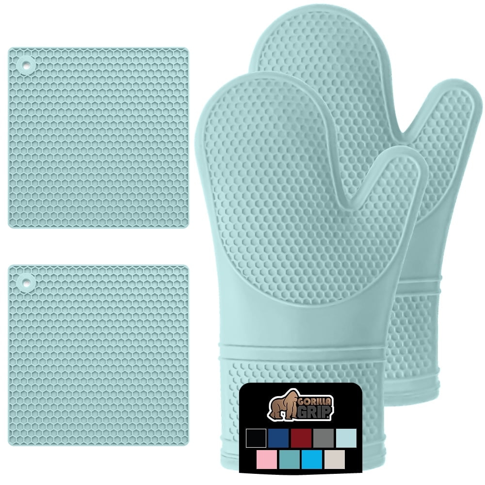 GORILLA GRIP Heat and Slip Resistant Silicone Oven Mitts and Trivet Set, Waterproof, Set of 4, Mint