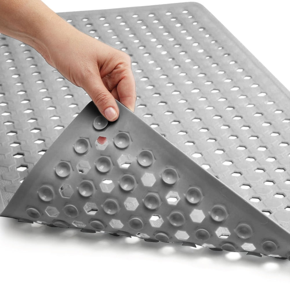 GORILLA GRIP Patented Bath Tub Shower Mat, Machine Washable Bathtub Floor Liner Mats, Suction Cups and Drain Holes to Keep Tubs Clean, Soft on Feet, Bathroom Essentials, 35x16 Inch, Gray Opaque