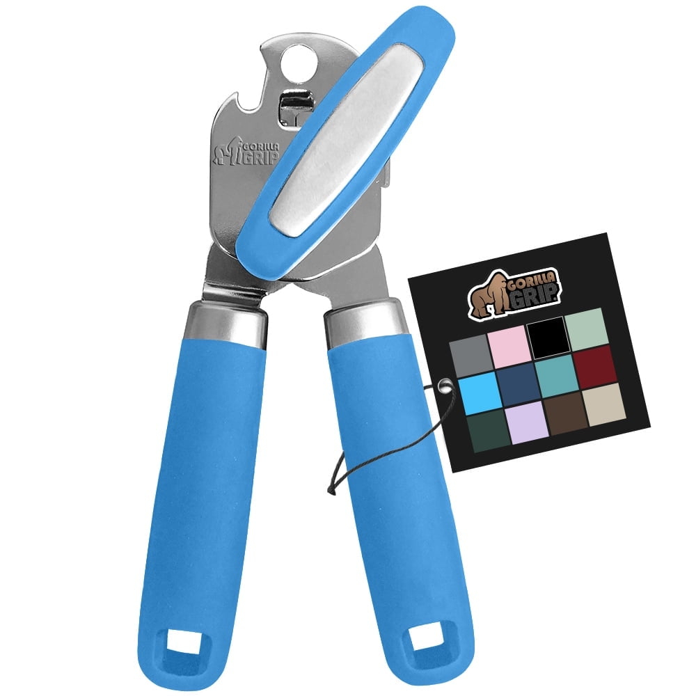 GORILLA GRIP Stainless Steel Manual Can Opener, Soft Touch Handle, Built-In Bottle Opener, Aqua