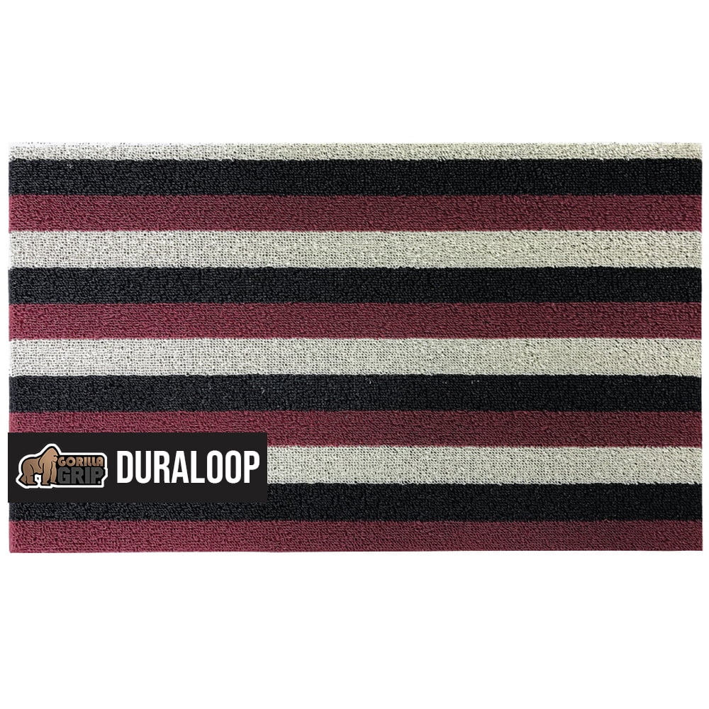 GORILLA GRIP Striped Doormat, Thick Bristle Door Mat Catches Dirt from Shoes, 24x16, Burgundy Black Cream