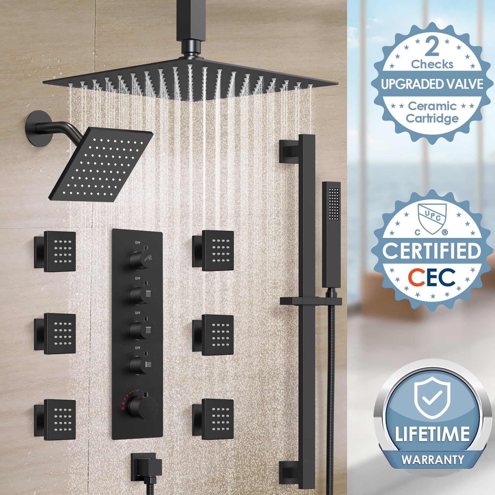 GRANDJOY 16 inch Complete Dual Shower Head System, Celling Mounted Shower Faucet Set with Hand Shower Head, Rough in-Valve, 6 Massage Body Jets - Matte Black