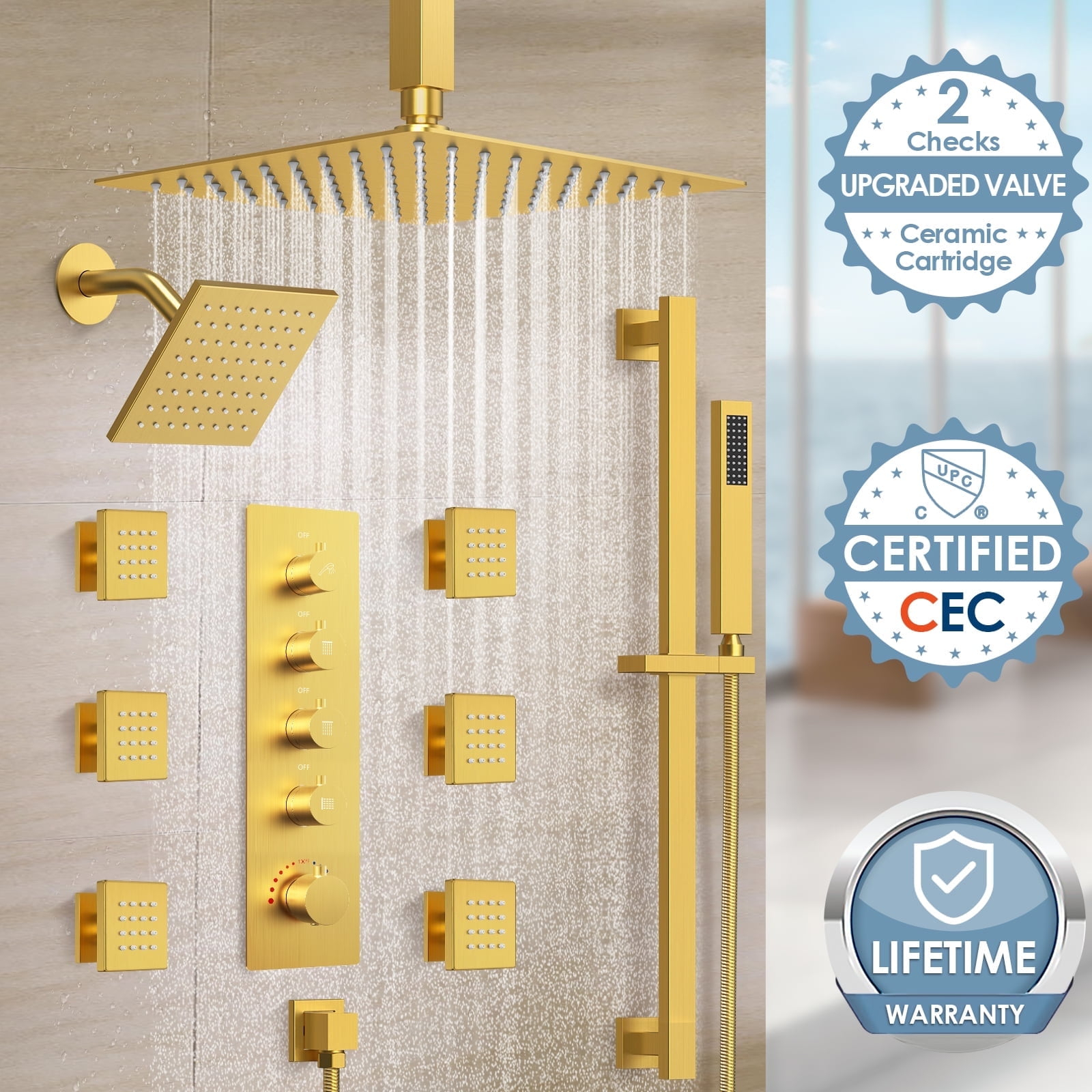 GRANDJOY 16 inch Complete Dual Shower Head System, Celling Mounted Shower Faucet Set with Hand Shower Head, Rough in-Valve, 6 Massage Body Jets - Brushed Gold