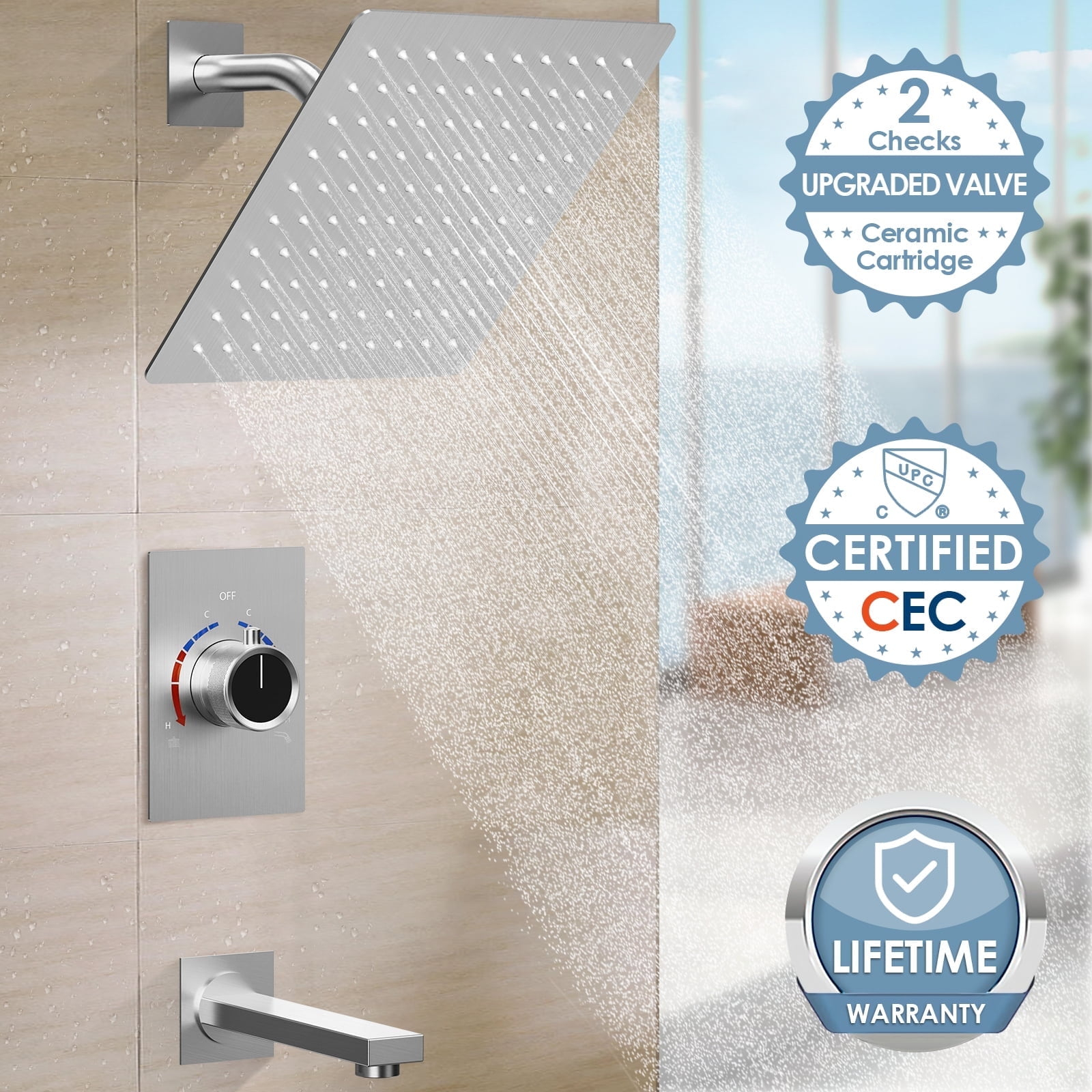 GRANDJOY 8 inch Rain Single Handle 2-Spray Shower Head System with Wall Mount Faucet Spout, Anti Scald Valve - Brushed Nickel