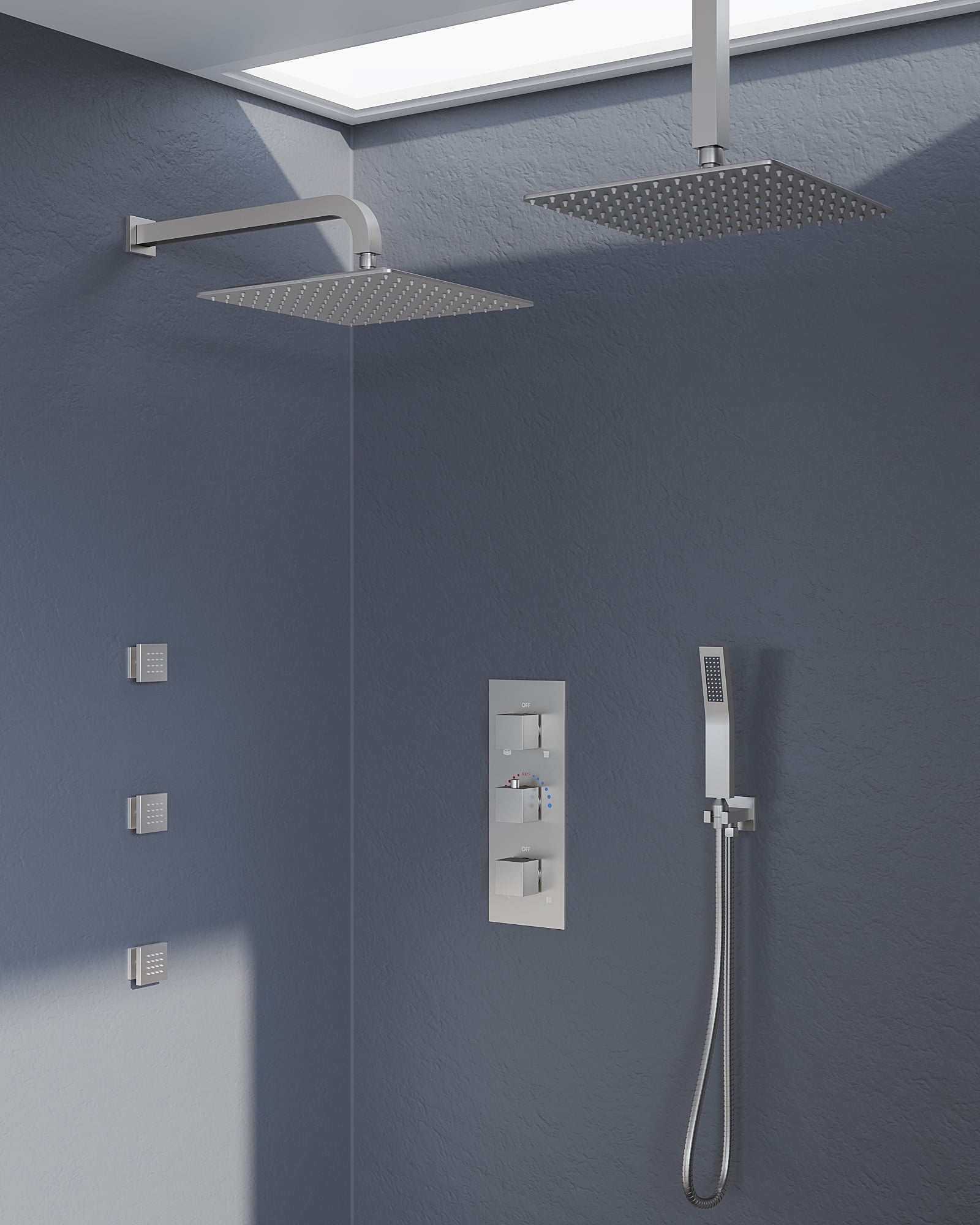 Thermostatic Dual Heads with 12" Rain Shower Faucet, Hand Shower and 3 Body Jets Matte Black