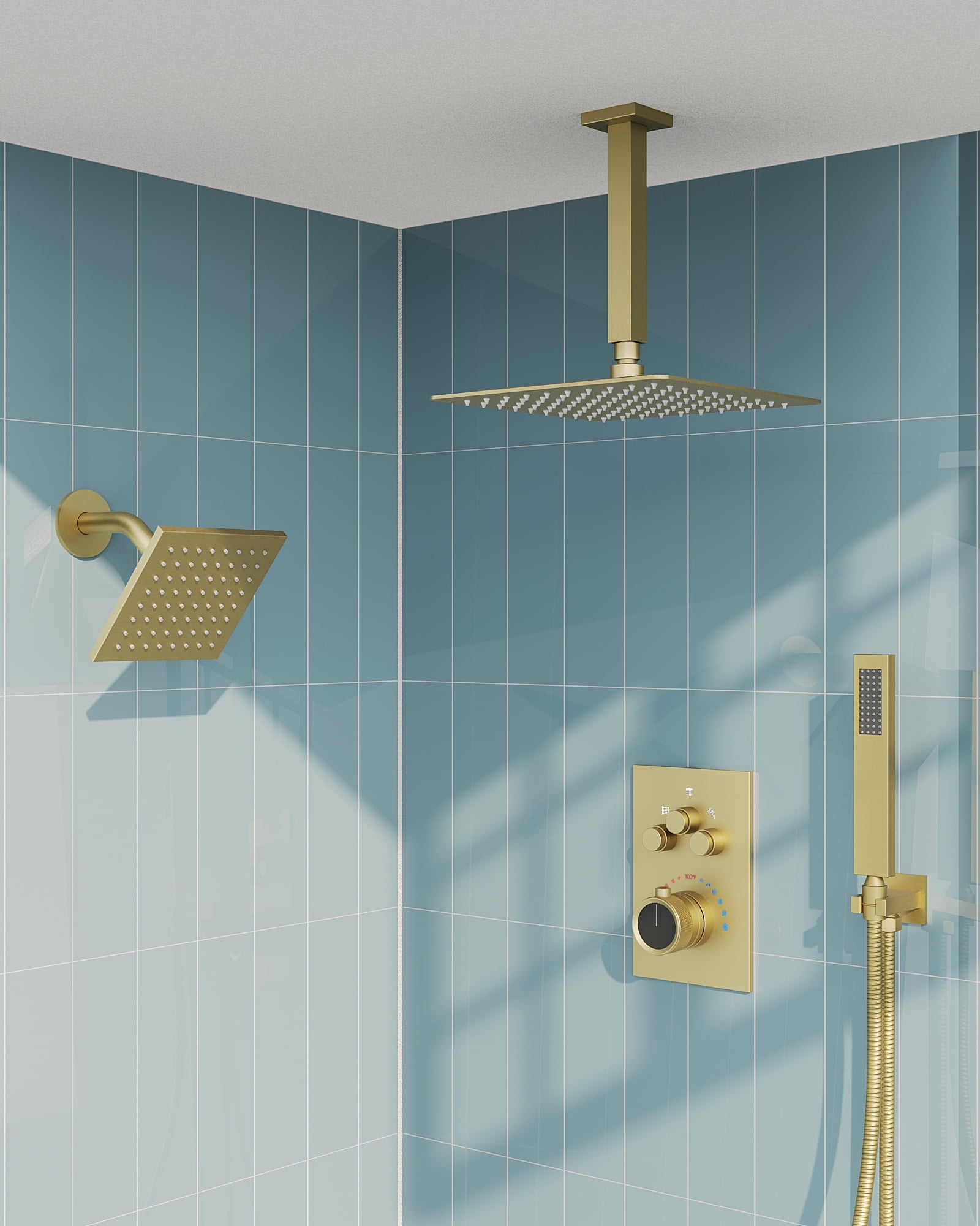 GRANDJOY Dual Wall Mount Rainfall Shower Head System Adjustable 12 inch & 6 inch Shower Faucet Set with Handheld Shower Spray Thermostatic Pressure Balance Value, Brushed Gold