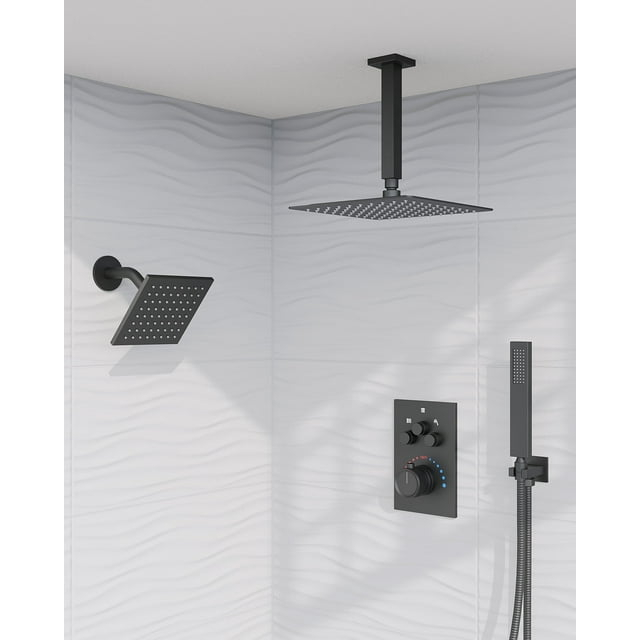 GRANDJOY Dual Wall Mount Rainfall Shower Head System Luxury Adjustable 12 inch & 6 inch Shower Faucet Set with Handheld Shower Spray Thermostatic Pressure Balance Value, Matte Black