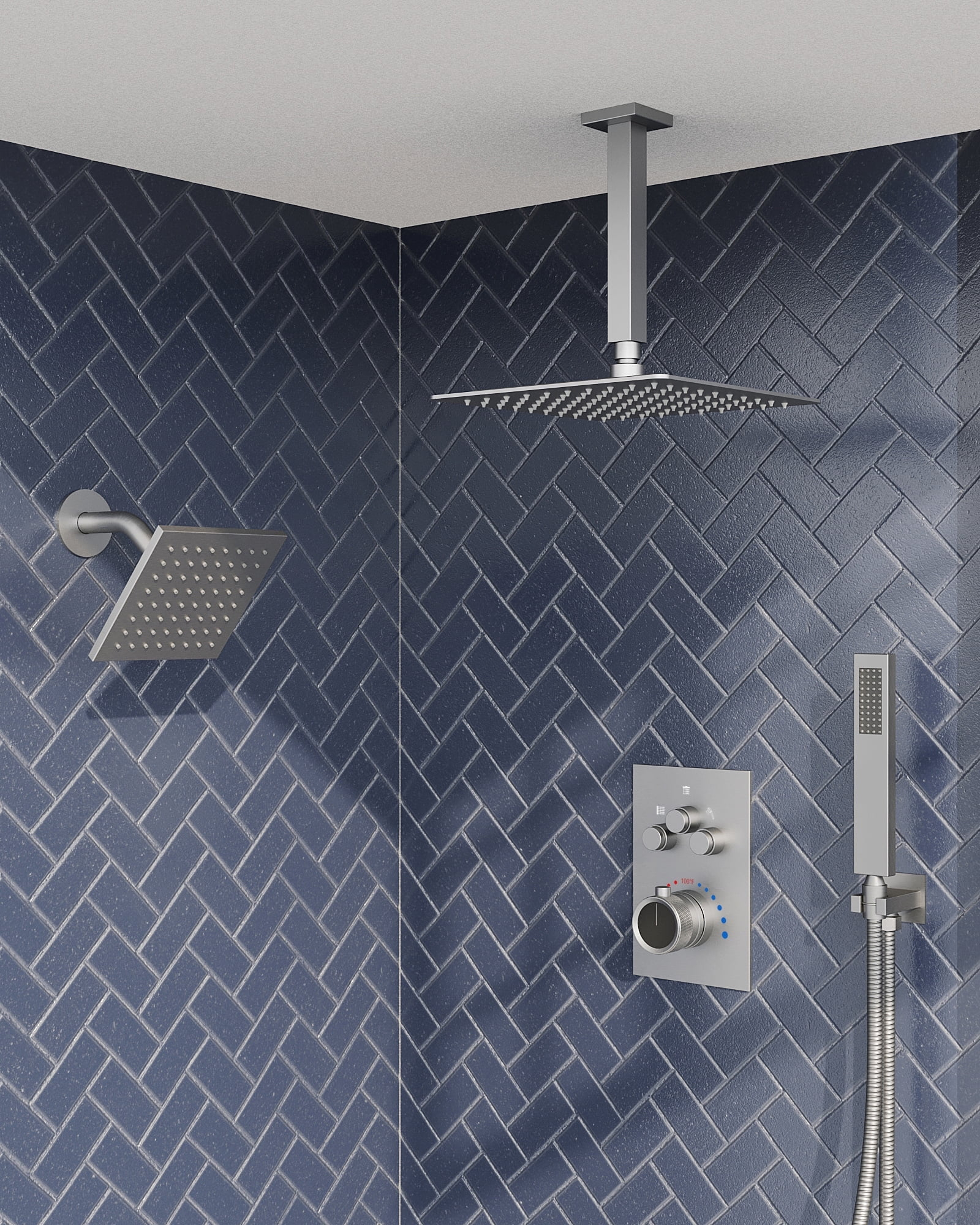 GRANDJOY Dual Wall Mount Rainfall Shower Head System Luxury Adjustable 12 inch & 6 inch Shower Faucet Set with Handheld Shower Spray Thermostatic Pressure Balance Value, Brushed Nickel