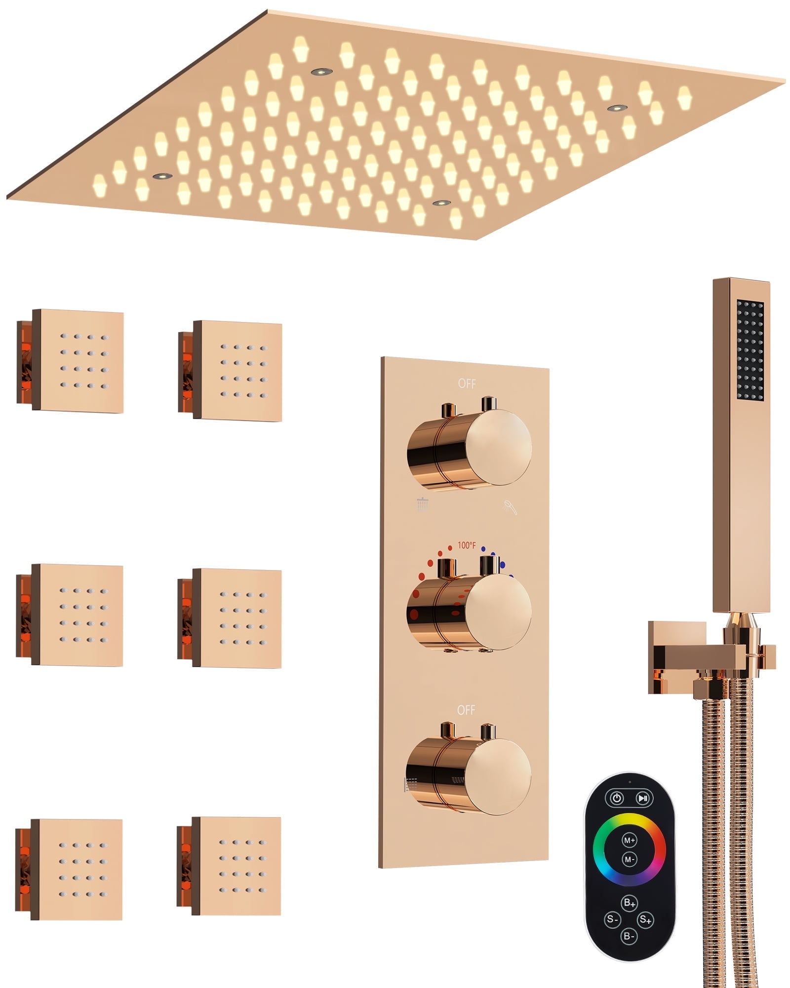 GRANDJOY RGB LED 5-Spray Shower System Ceiling Mount 12 in. Fixed and Handheld Shower Head Shower Faucet Set Thermostatic Valve Kit Rose Gold
