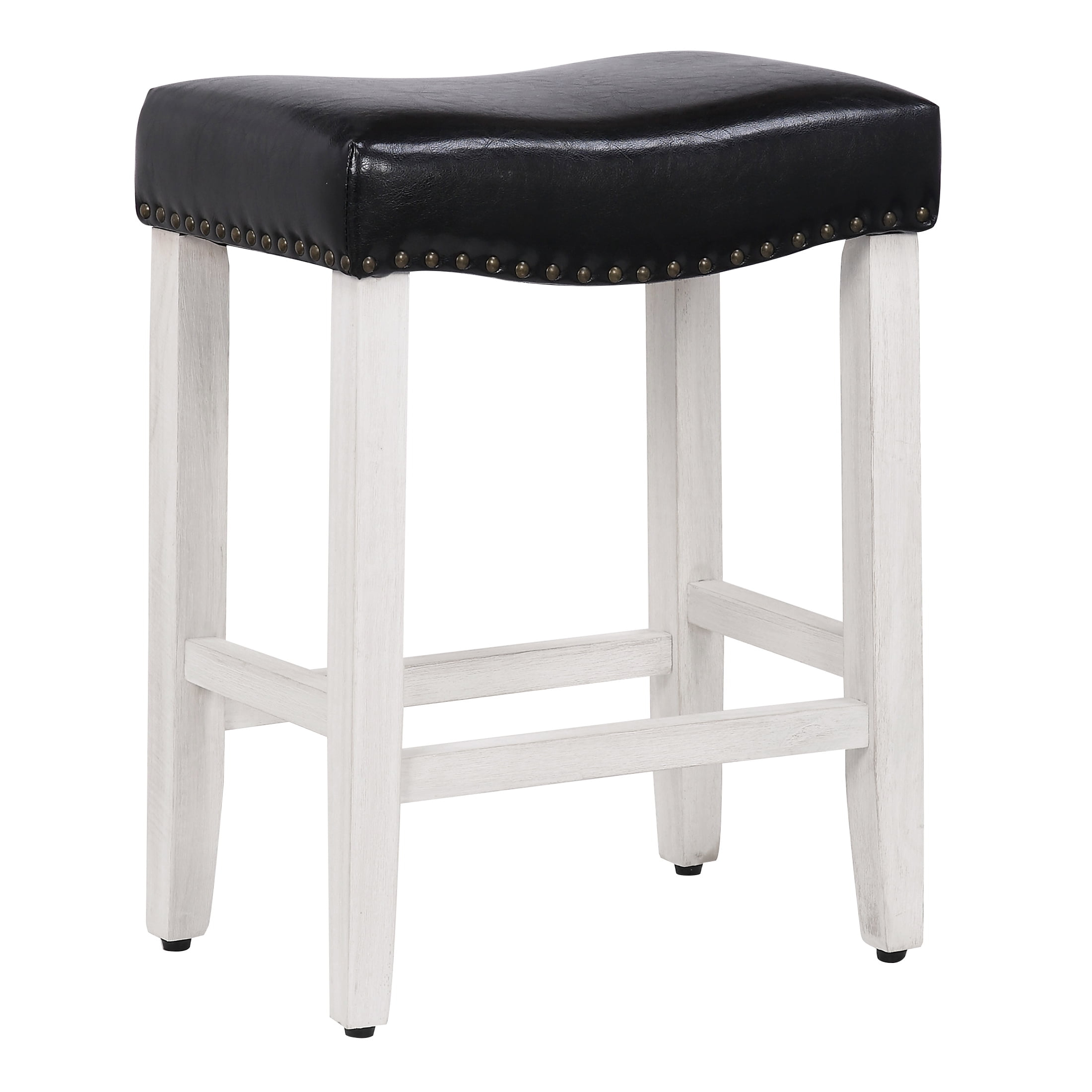 Jameson 24 in Counter Height Antique White Wood Backless Nailhead Barstool, Upholstered Black Faux Leather Saddle Seat