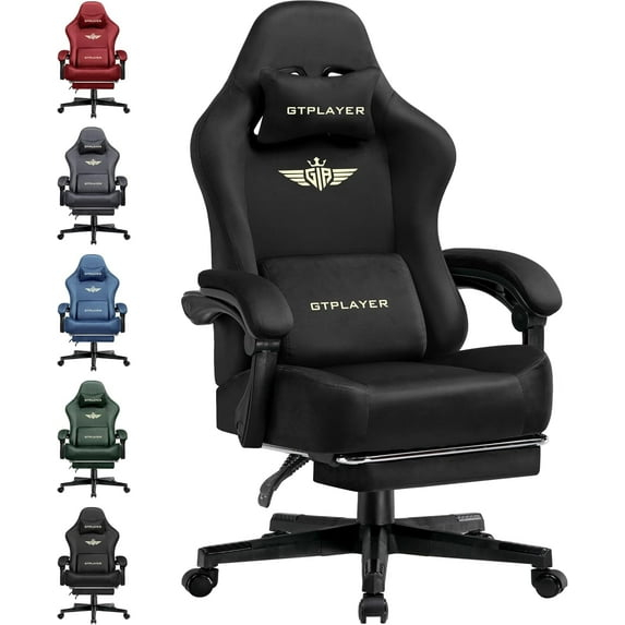 GTPLAYER Gaming Chair Fabric with Pocket Spring Cushion, Big and Tall Gaming Chair 350LBS High Back Computer Chair with Footrest for Adults Lumbar Support Swivel Game Chair for Office Gaming Black