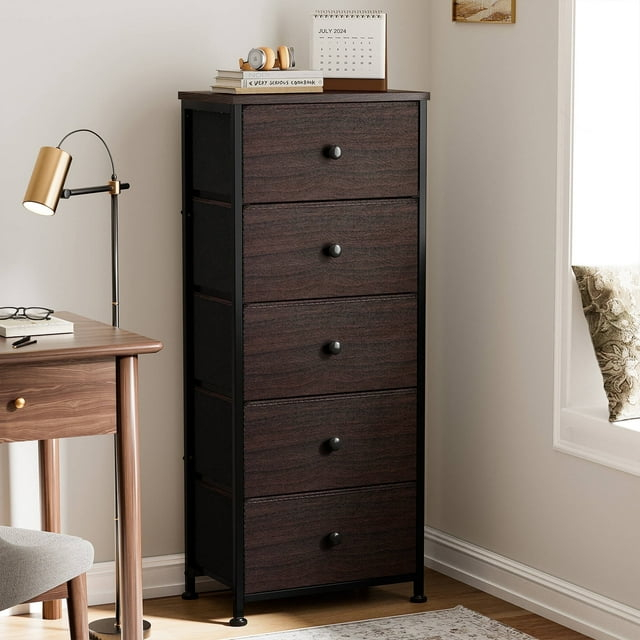 GUNAITO Tall Dresser for Bedroom with 5 Drawers Chest of Drawers Fabric Storage Bin Brown