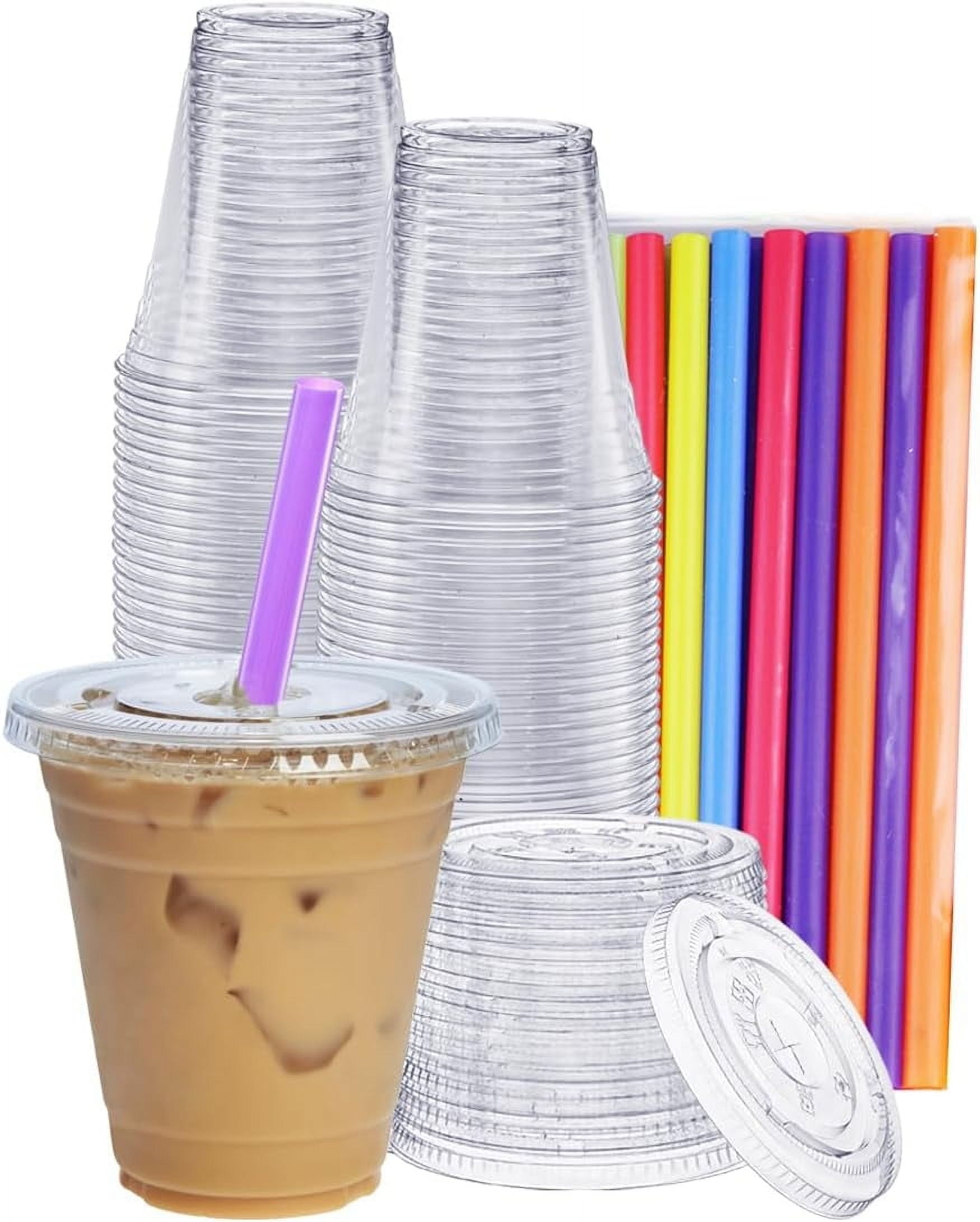 GUSTO 12 oz Clear Plastic Cups with Flat Lids & Straws for Coffee, Slushie, Milkshakes, 100-Pack