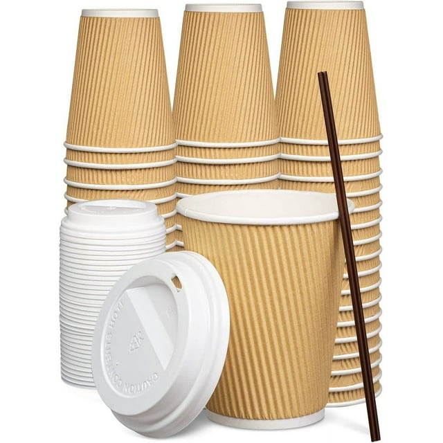 GUSTO Disposable Coffee Cups with Lids 12 Oz Insulated Paper Cups, 100-Pack