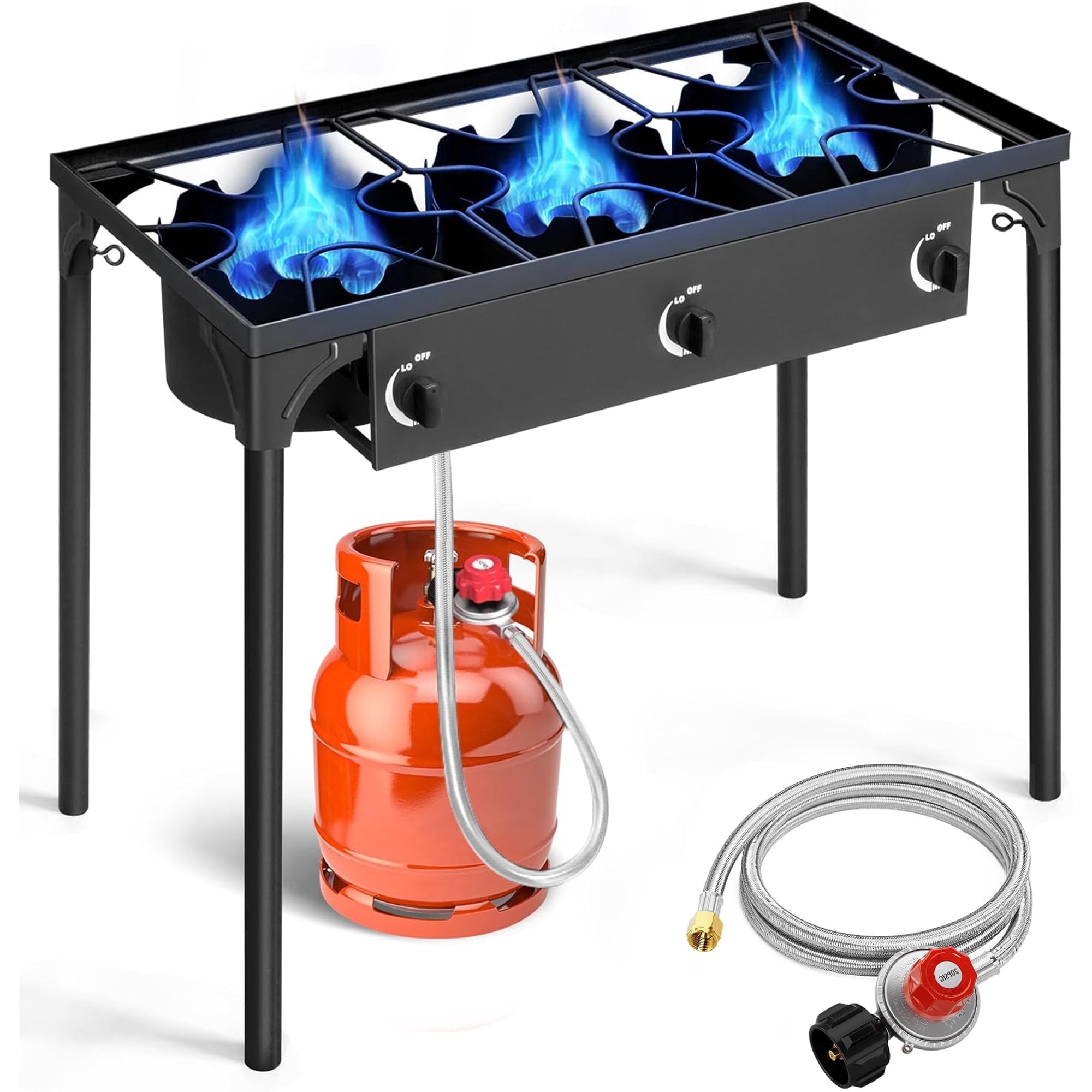 3 Burner Propane Gas Stove for Outdoor Cooking, 225,000 BTU Camping Cooker with Removable Legs, Temperature Control Knobs for Backyard Cooking, BBQ, Baking and Frying