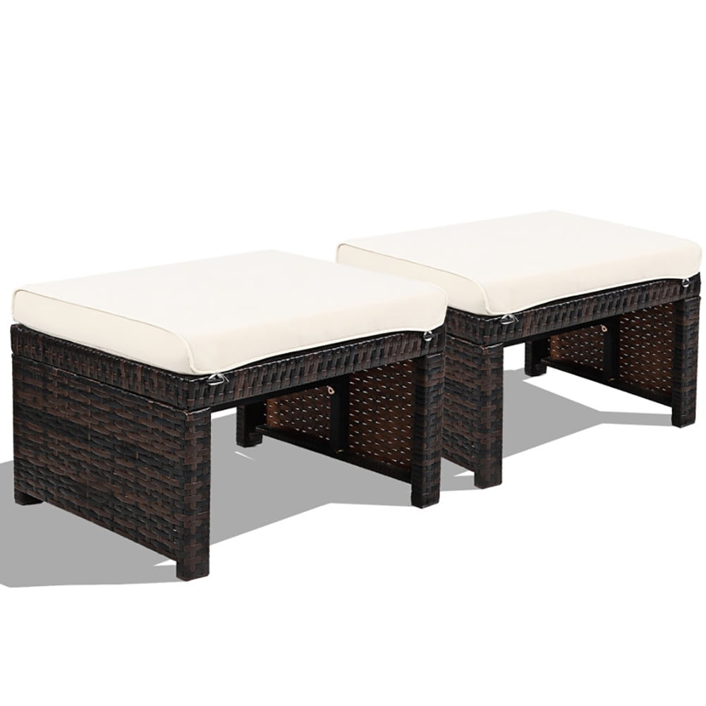 Spaco 2 Pieces Outdoor Patio Rattan Wicker Ottoman Set with Soft Cushion for Garden, Balcony, Poolside, White