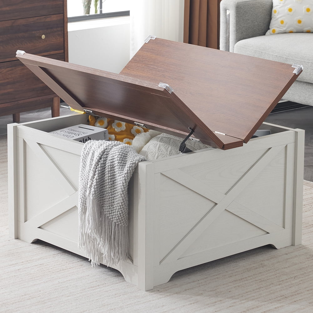 Hassch Farmhouse Coffee Table with Hidden Storage Space, 31.5" Square Cocktail Table with Flip-Top Lid, Rustic Center Table for Living Room, Brown & White