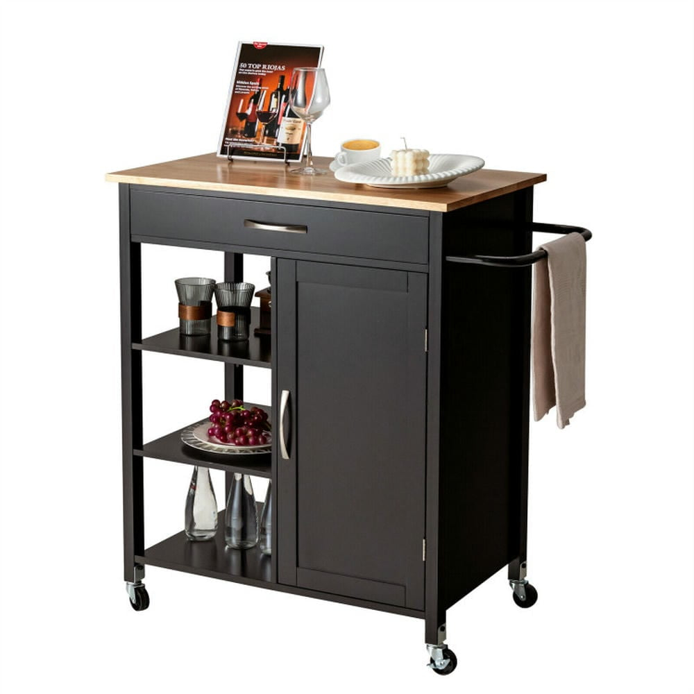 Kepooman Kitchen Island Cart, Serving Utility Carts,Mobile Kitchen Island Cart with Rubber Wood Top-Brown