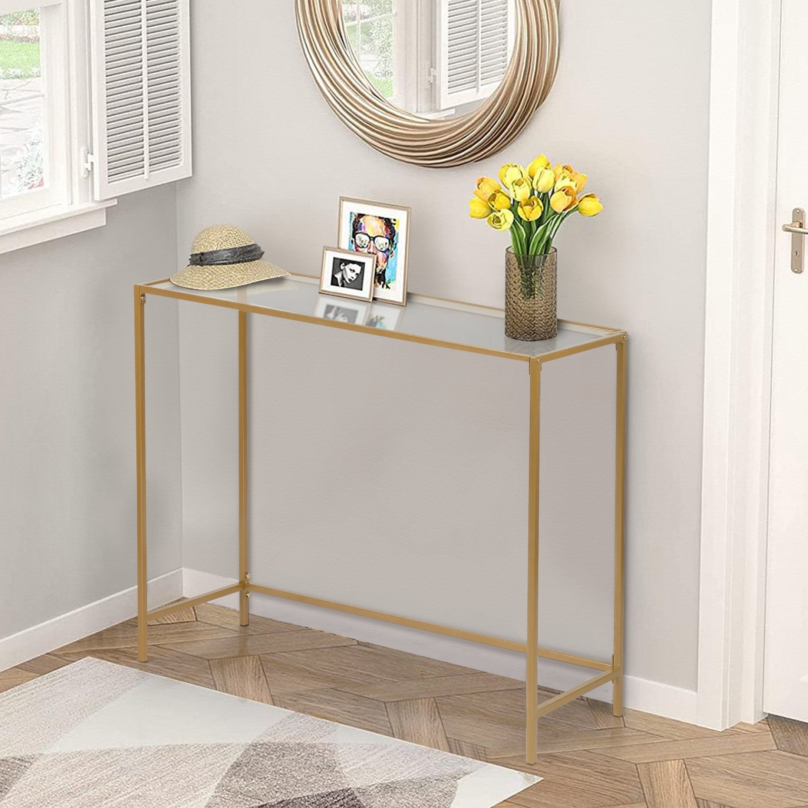 Hassch 39.4" Console Sofa Table Modern Entryway Tempered Glass Table with Gold Metal Frame for Living Room, Hallway