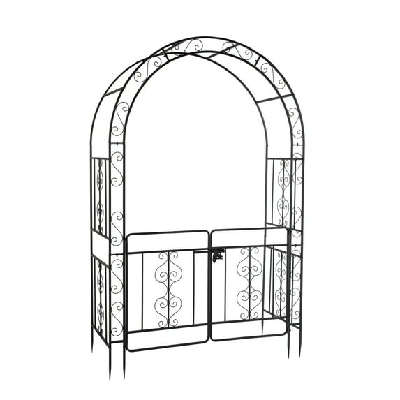GZXS 7FT Garden Arch Arbor with Entry Door, Heavy Duty Metal Arbour Archway, Decorative Frame Stand Trellis with Ground Stakes for Wedding Ceremony Party Plant Climbing Rose Vines Lawn