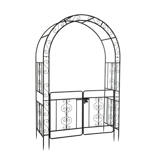 GZXS 7FT Garden Arch Arbor with Entry Door, Heavy Duty Metal Arbour Archway, Decorative Frame Stand Trellis with Ground Stakes for Wedding Ceremony Party Plant Climbing Rose Vines Lawn