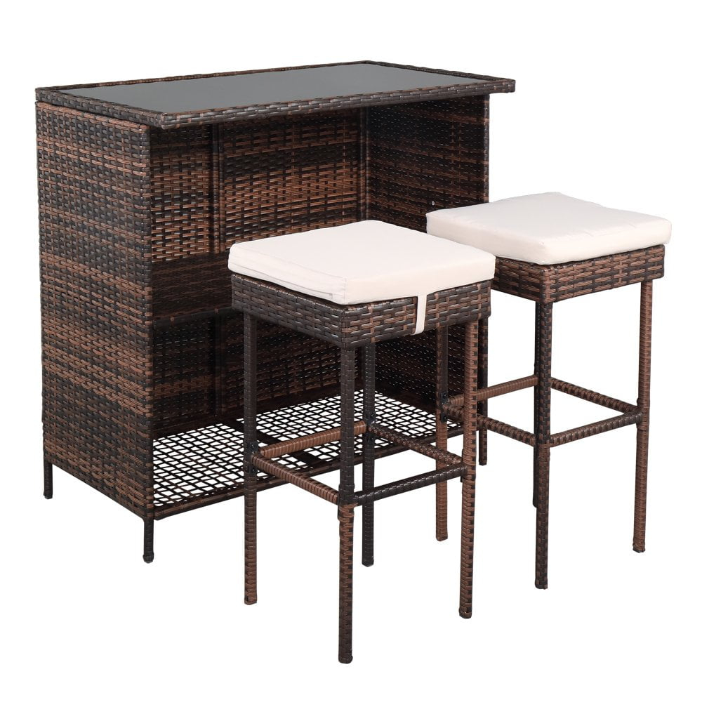 GoDecor 3 pcs Patio Outdoor Rattan Wicker Bar Set, Brown, Wicker Bistro Set with 2 Bar Stools and 1 Wicker Bar Table, Brown
