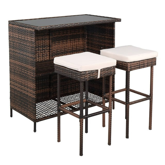 GoDecor 3 pcs Patio Outdoor Rattan Wicker Bar Set, Brown, Wicker Bistro Set with 2 Bar Stools and 1 Wicker Bar Table, Brown