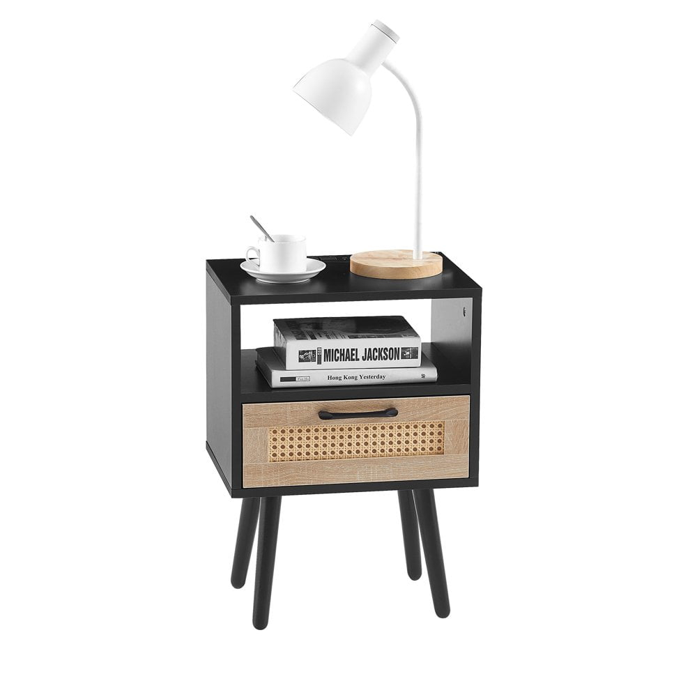 Hassch Rattan Nightstand, Wooden Bedside Tables with Charging Station, Mid Century Modern End Table for Living Room and Bedroom, Black Wood Side Table with Storage Drawer