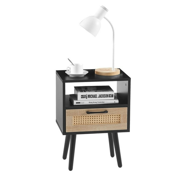 Hassch Rattan Nightstand, Wooden Bedside Tables with Charging Station, Mid Century Modern End Table for Living Room and Bedroom, Black Wood Side Table with Storage Drawer