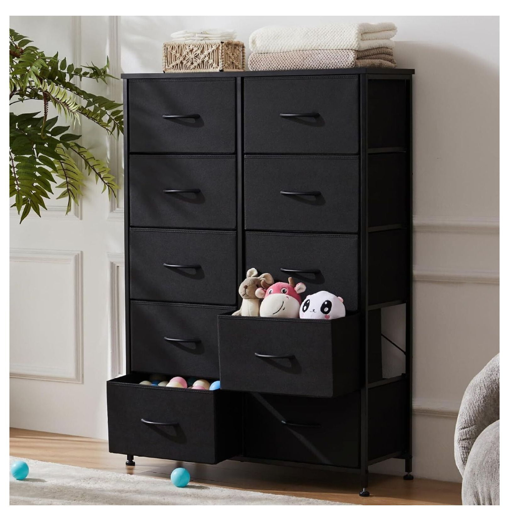 Modern 10-Drawer Fabric Storage Dresser - Tall Chest of Drawers with Steel Frame, Wooden Top, for Bedroom, Closet, Entryway, Black