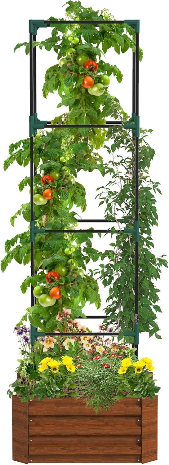 Galvanized Raised Garden Bed, 24" x 24" x 11.75" Outdoor Planter Box with Trellis Tomato Cage and Open Bottom for Climbing Vines, Vegetables, Flowers in Backyard, Garden, Patio, Cream