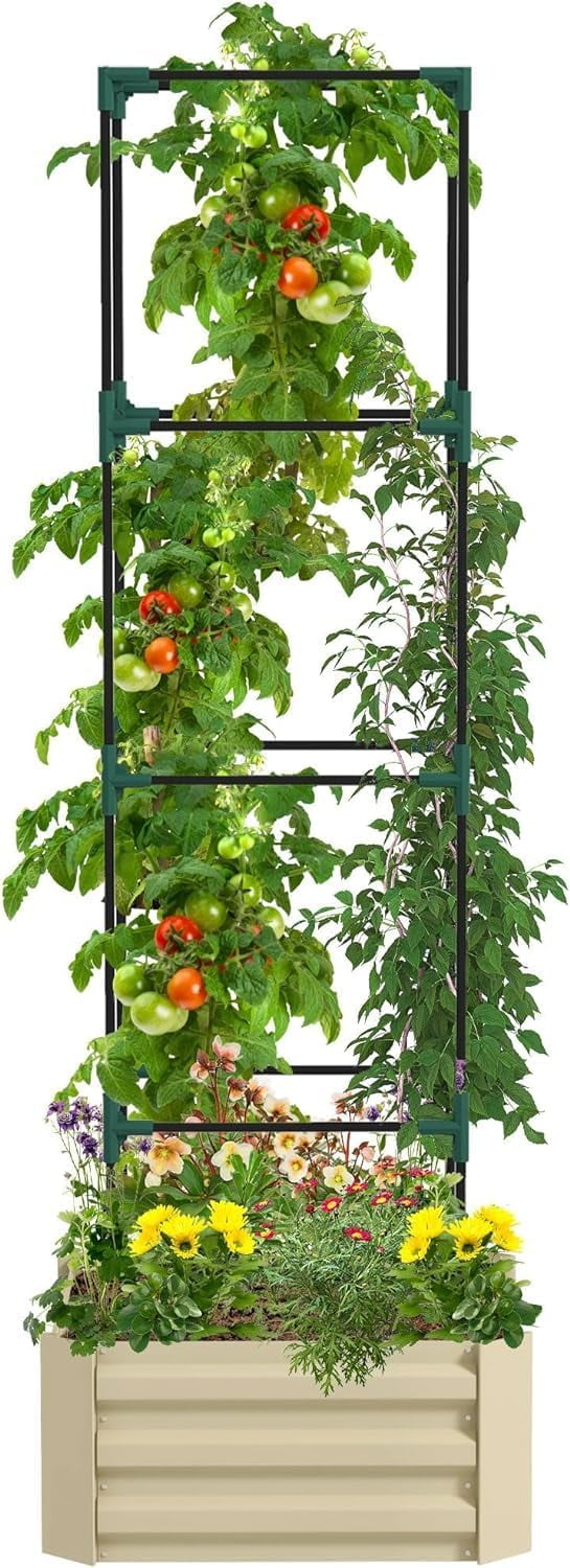 Galvanized Raised Garden Bed, 24" x 24" x 11.75" Outdoor Planter Box with Trellis Tomato Cage and Open Bottom for Climbing Vines, Vegetables, Flowers in Backyard, Garden, Patio, Cream