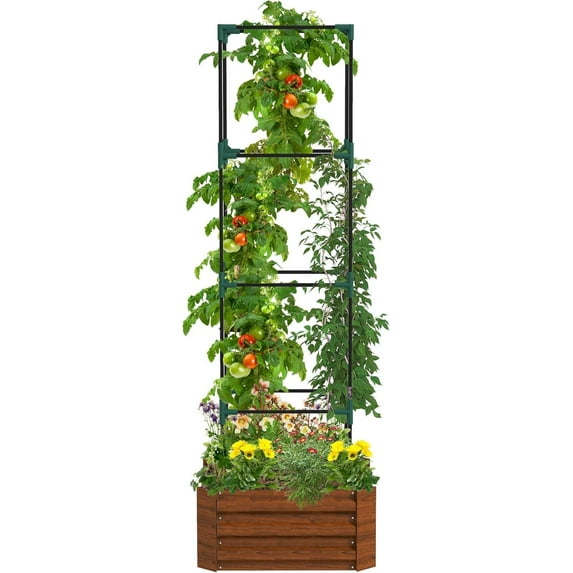 Brown Galvanized Steel Raised Garden Bed with Trellis, 24" x 24" x 11.75"