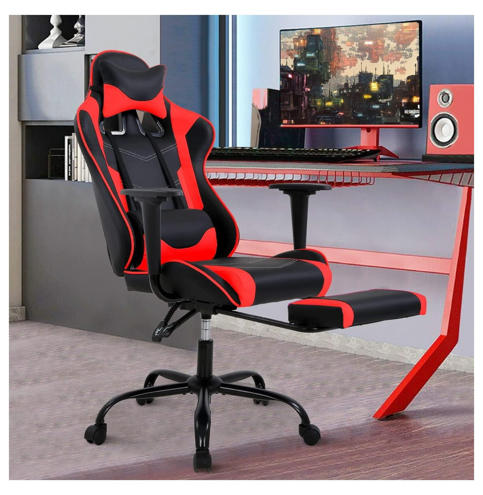 Gaming Chair Racing Office Computer Game Chair Ergonomic Desk Chair with Headrest Lumbar Support, High Back Gamer Office Chair Recliner Video Game Chairs for Kids or Adults,Red