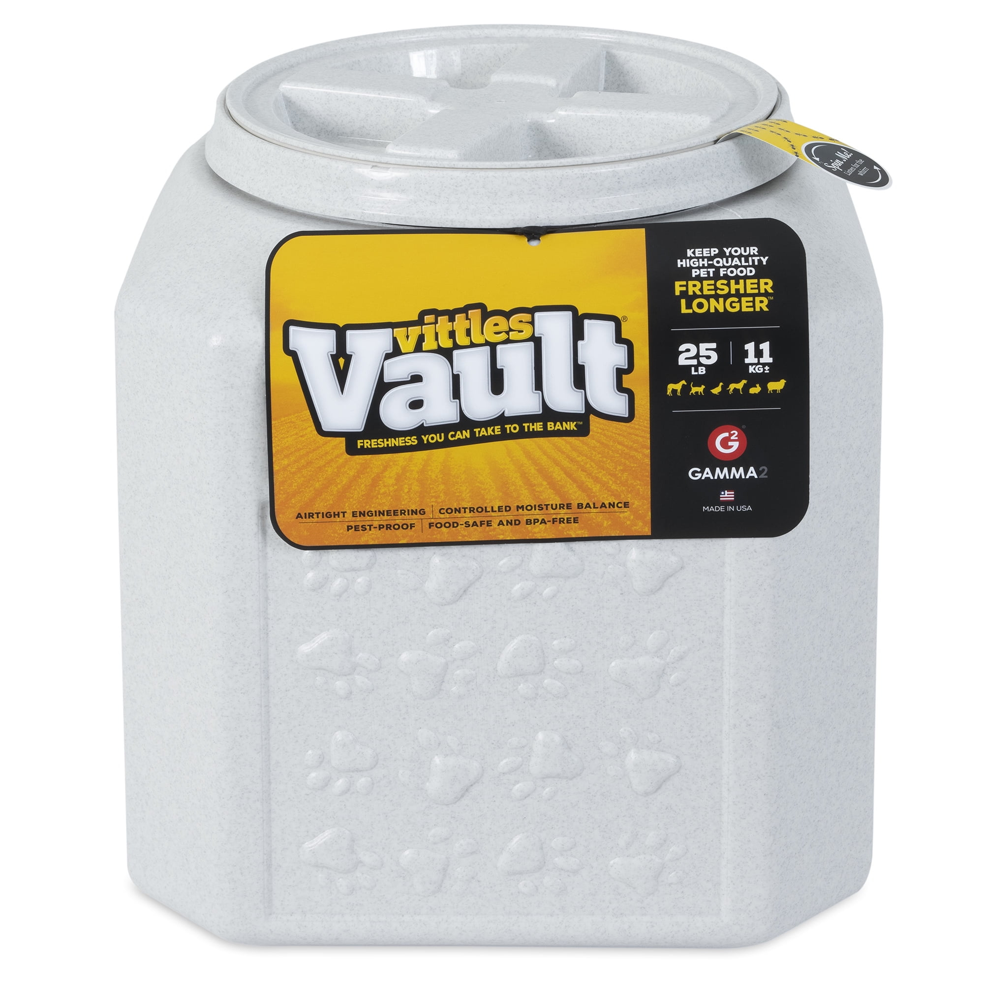 Gamma2 Vittles Vault Outback Pawprint Plastic Dry Pet Food Storage Container for Dogs, Gray, 25 Pound Capacity