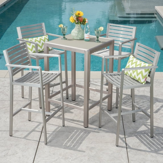 Noble House Cape Coral 5 Pc Aluminum Bar Set with Grey Tempered Glass Top Table