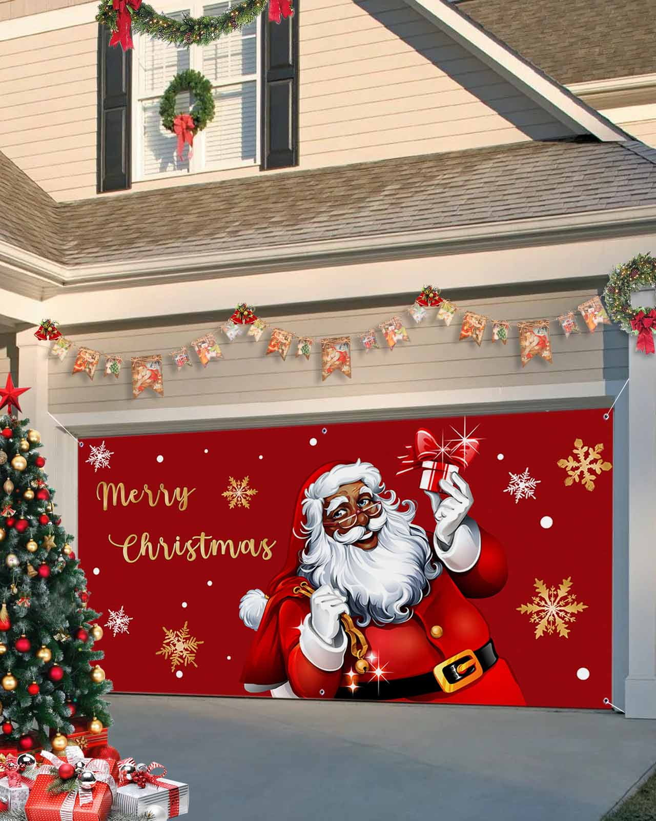 Garage Door Banner Cover 7 x 16 ft, Merry Christmas Santa Claus Carring Gifts Christmas Garage Door Decorations Holiday Christmas Backdrop Decor for Winter New Year Xmas Party