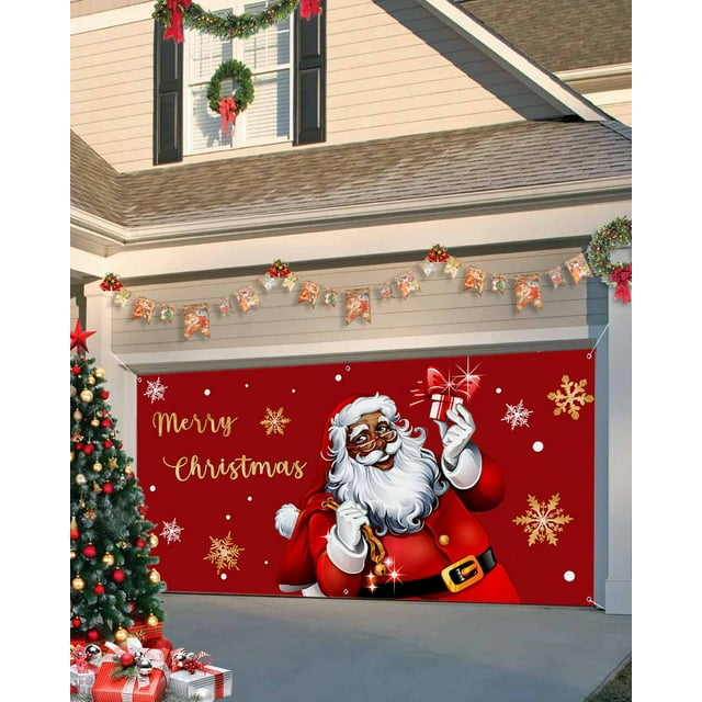 Garage Door Banner Cover 7 x 16 ft, Merry Christmas Santa Claus Carring Gifts Christmas Garage Door Decorations Holiday Christmas Backdrop Decor for Winter New Year Xmas Party