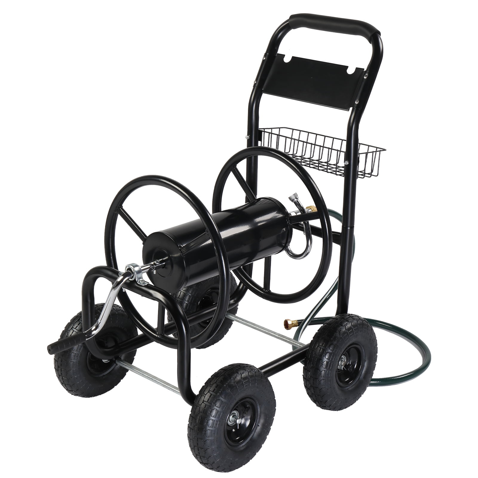 Garden Hose Reel Cart,Kepeak Water Hose Cart 4 Wheels, Hold 300-feet of 5/8-inch Hose, Heavy Duty Wheel Cart Powder Coat Finish & Basket, for Garden Yard Lawn Farm Watering, (Black)