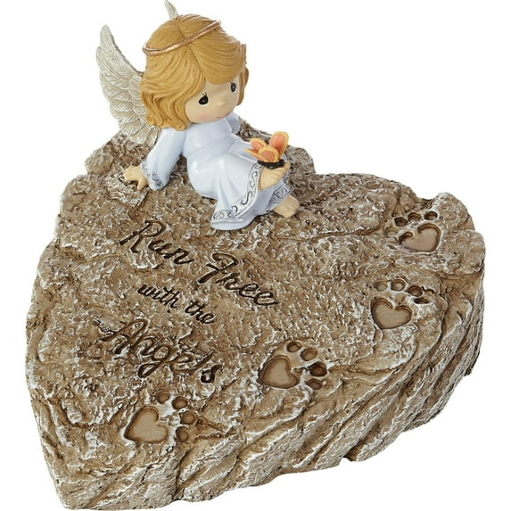 Garden Stone-Angel On Heart Shaped Stone With Paw Prints