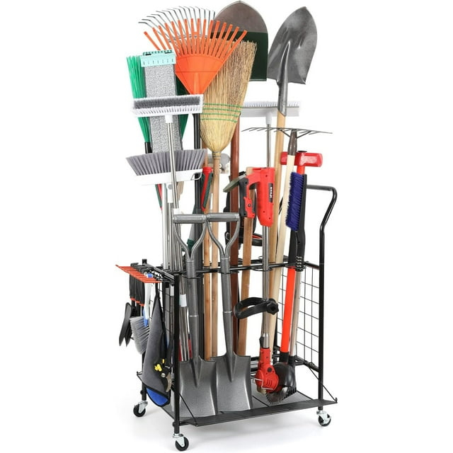 Garden Tool Storage Organizer, Yard Tool Storage for Garage, Shed, Garden Tool Rack Stand on Wheels, Up to 36 Long Handle Tool Storage, Steel, Black (WEY09)