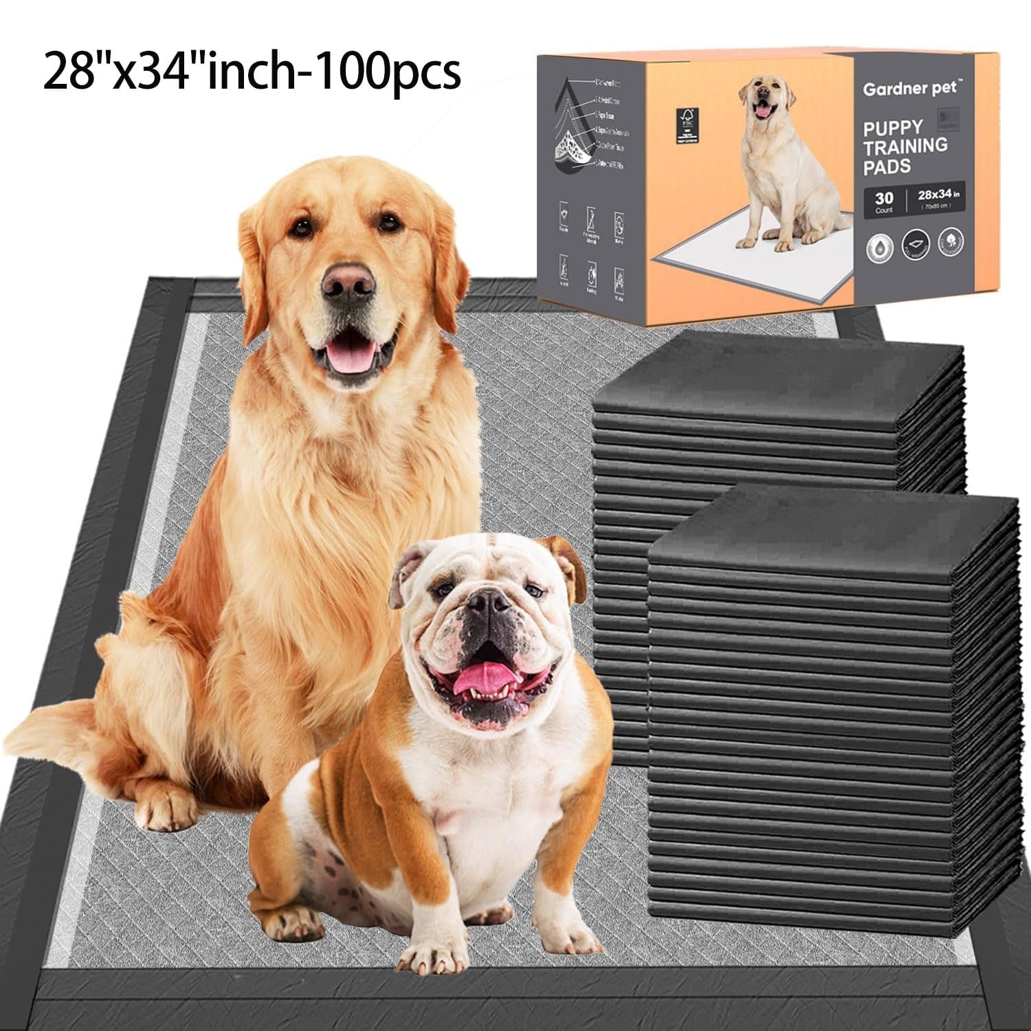 Gardner Pet Pee Pads for Dogs - 28 x 34 inchs - 100 Count - Activated carbon - Leak-Proof & Odor-Control - Full Edge Wrapping Pad