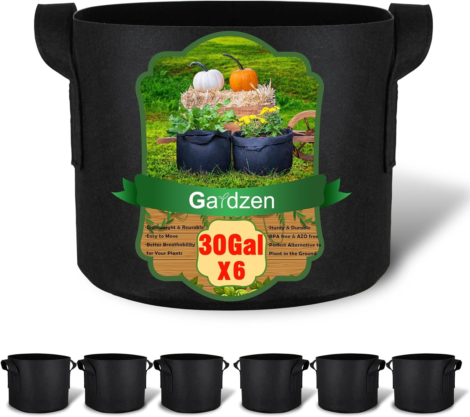 Gardzen 6-Pack 30 Gallon Grow Bags, Aeration Fabric Pots with Handles, Heavy Duty Cloth Pots for Plants