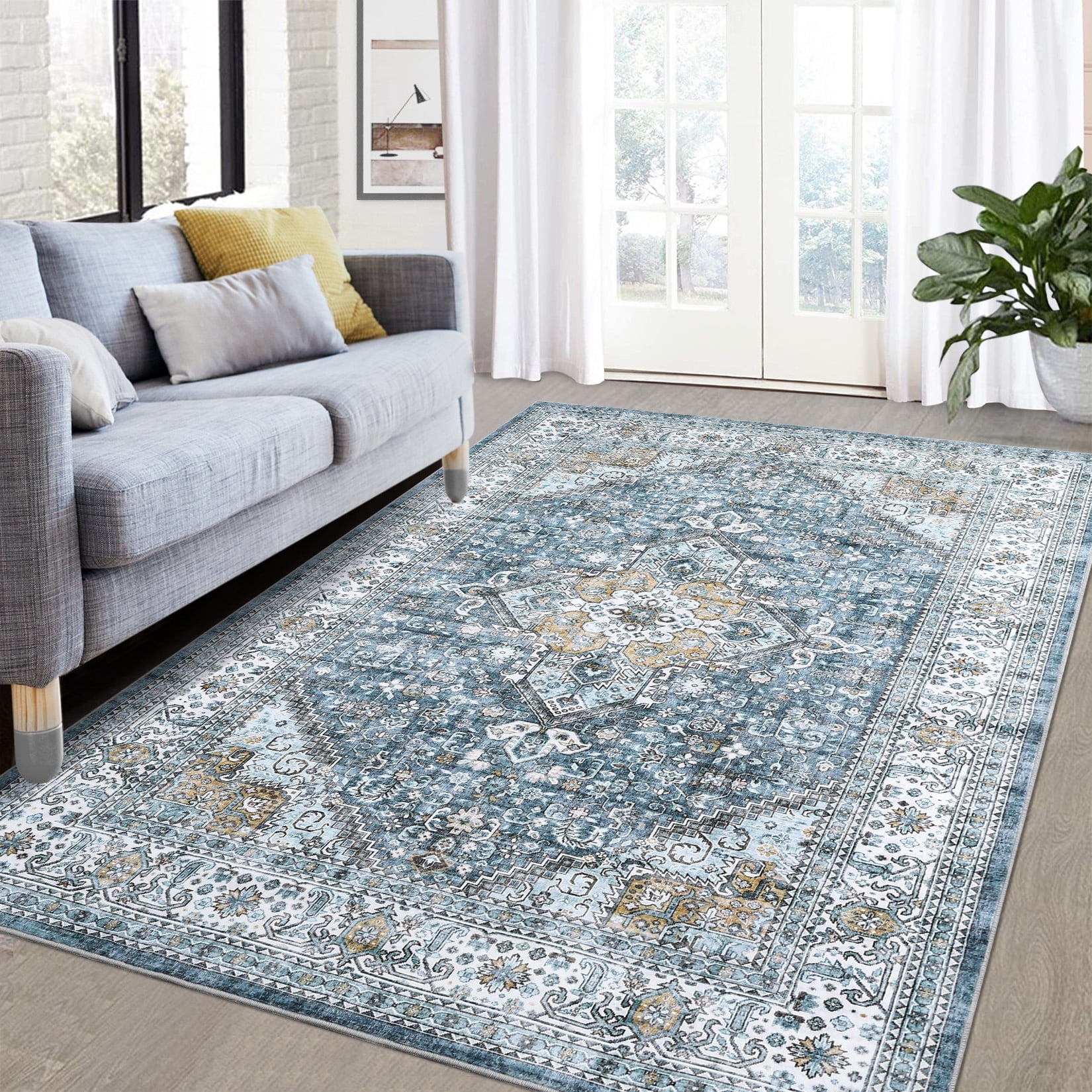 Garvee 9x12 Area Rug Large Vintage Distressed Rug Medallion Floral Print Rug Machine Washable Area Rugs for Living Room Bedroom Non-Slip Low Pile Accent Rug, Blue